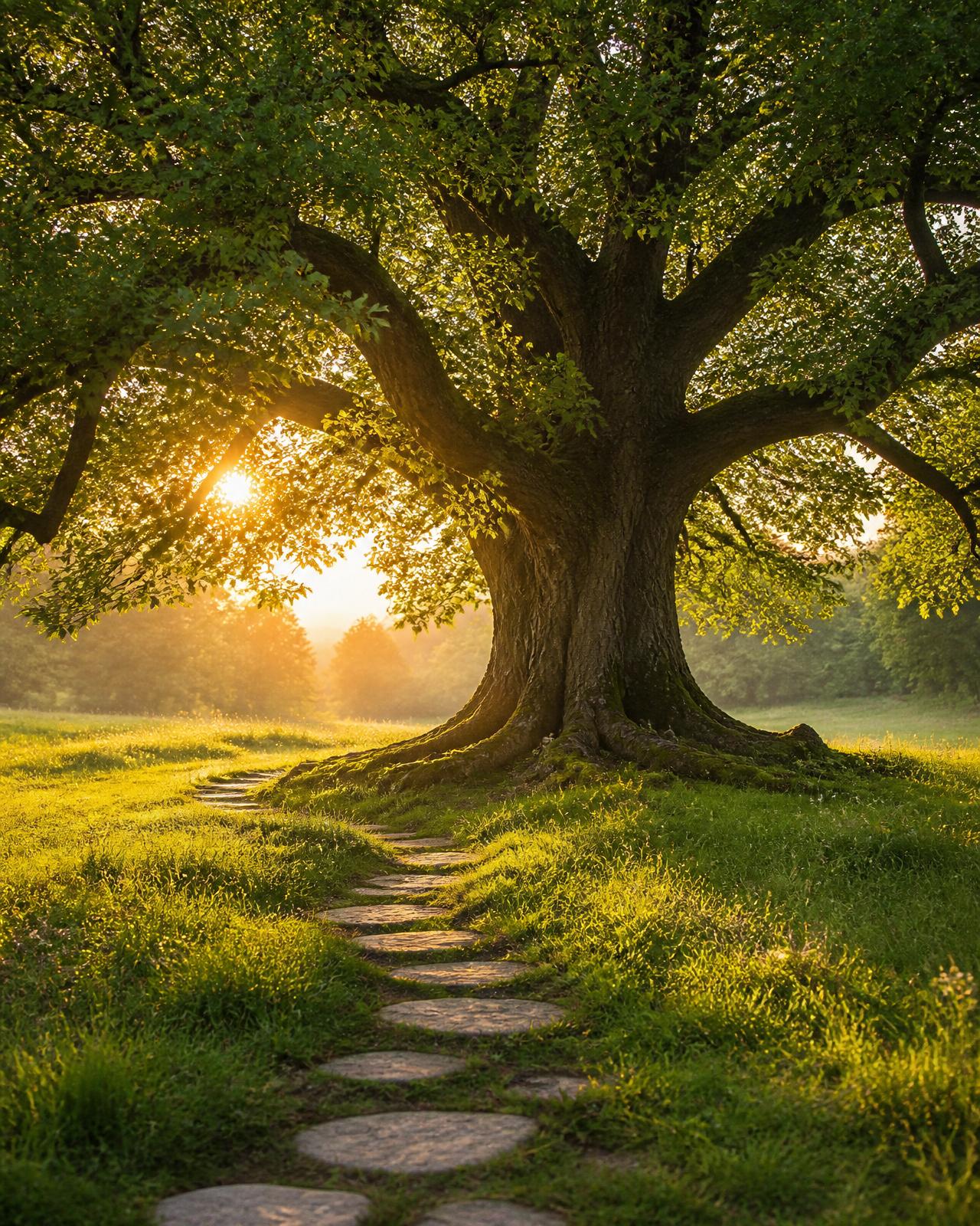 Mature oak tree with a winding stepping-stone path at golden hour — representing growth, strong foundations, and meaningful progress